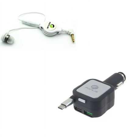 Headphone Retractable Mono Earphone w Retractable Car Charger N1N for Microsoft Surface Go (10"), Lumia 950 - Motorola One, Moto Z4 Z2 Play X4 G7 Power Play G6 - Nokia 7.1, 8, 3.1 Plus
