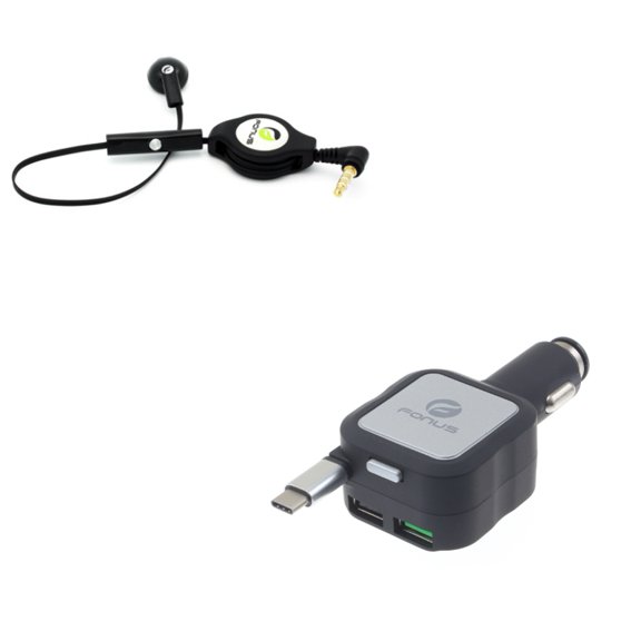 Headphone Retractable Mono Earphone w Retractable Car Charger X4K for Acer Liquid Jade Primo - Alcatel PulseMix, 7, Idol 5S 5 4S - ASUS Zenfone V Live, ROG Phone, AR 6 5z 4 Pro