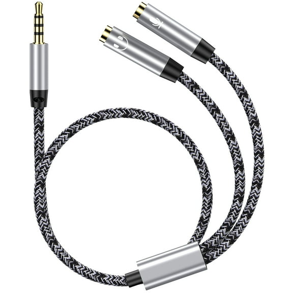 Headphone Splitter,1Pack 3.5mm 4-Pole Male to 2 Dual Female Audio Splitter Jack Adapter Headphone Mic and Audio Y Splitter Cable Headset Adapter Stereo Jack Cable for Laptop PC Phone Tablet Gaming