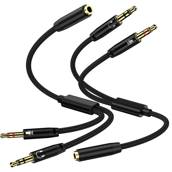 Headphone Splitter for Computer,2PCS Nylon Braided 3.5mm Female to 2 Dual Male Audio Splitter Cable Headphone Stereo Mic and Audio Jack Adapter Earphones Port Cord Gaming Headset to PC Laptop Adapter