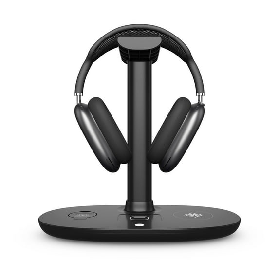 Headphone Stand with 15w Wireless Charger, 4 in 1 Q-i Charging Station Headset Holder for AirPods Max/Pro/2 IWatch 8/7/6/5/4/3/2/1/SE IPhone 15/14/13/12/11/XS/XR/X/8 Series for Desktop Table Game