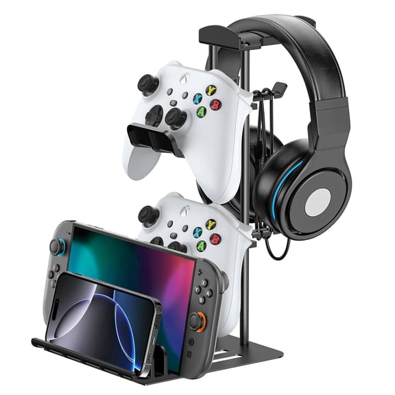 Headphone Stand, Controller Holder & Headset Holder for Desk, Earphone Stand with Aluminum Supporting Bar, Universal Storage Organizer Headphones/Controller/Switch/Mobile Phone