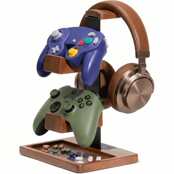 Headphone Stand with Controller Holder for Two Gamepads & Headset, Gaming Desk Accessories Wood Organizer, Compact Rack for Xbox, PS5, Switch & PC Setups