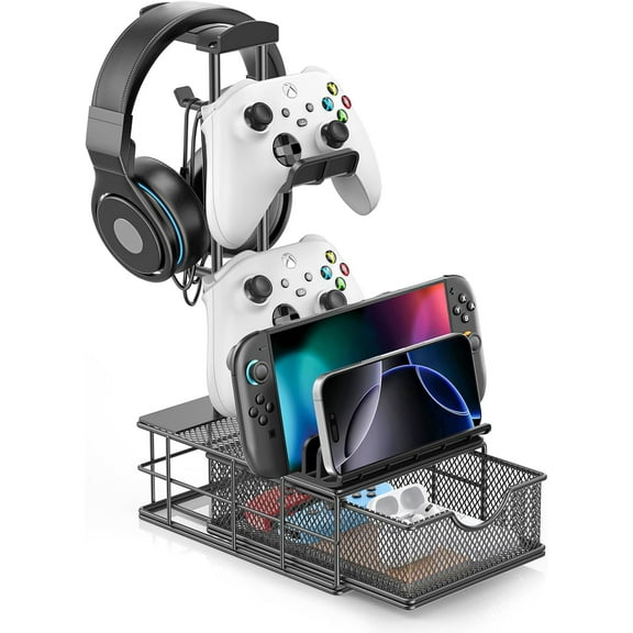Headphone Stand with Drawer - Headset & Controller Holder for Desk - Aluminum Supporting Bar Earphone Stand with Cable Organizer - Universal Gaming PC Accessories Storage