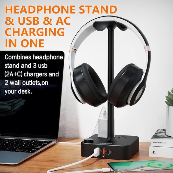 Headphone Stand with USB Charger Desktop Gaming Headset Holder Hanger with 3 USB Charging Station and 2 Outlets Power Strip Suitable for Gaming, DJ Wireless Earphone Display, Gamer Gifts for Men