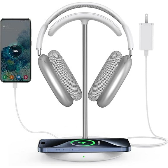Headphone Stand with Wireless Charger, Independent USB Charging Port, 5 in 1 Charging Station Headset Holder Rack for AirPods Max/Pro/4/3/2, iWatch, iPhone, Samsung and Desk Headphones, White