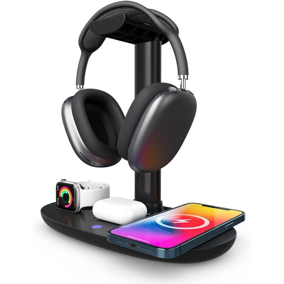 Headphone Stand with Charger,4 in 1 Desk Gaming Headset Holder Hanger Rack with Fast QI,Detachable Charging Pad