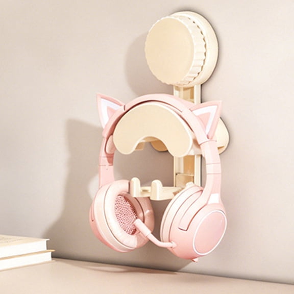 Headphone Wall Hook with Suction Cup | No Drill Installation for Over-Ear Headphones & Earbuds | Includes Storage Hook for Cables & Accessories | White or Gray