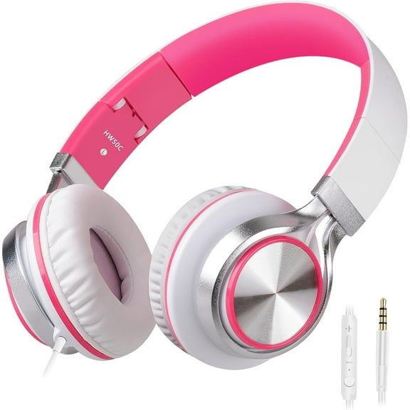 Headphones,BEINSOUND HW50C Stereo Folding Headsets Strong Low Bass Headphones with Microphone for iPhone, All Android Smartphones, PC, Laptop, Mp3 mp4, Tablet Macbook Earphones (White&Pink)