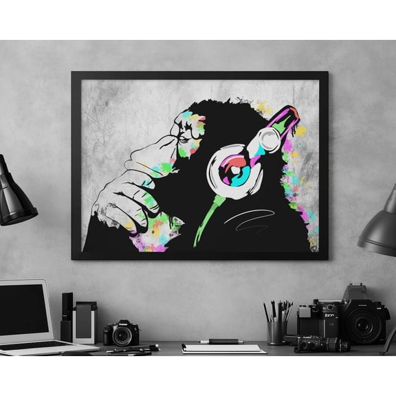 Headphones Gorilla Print: Urban Banksy Graffiti Street Art #154, Unframed Poster Size 12x18