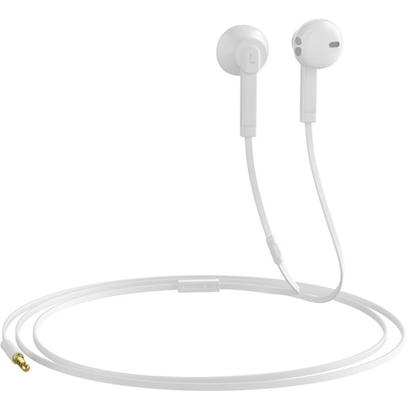 Headphones with Microphone Certified PowerStereo Flat Wired 3.5mm In-Ear Earphones Control Crystal Sound Earbuds for iPhone iPad iPod Laptop Tablet Android LG Smartphones (White) 1 Pack
