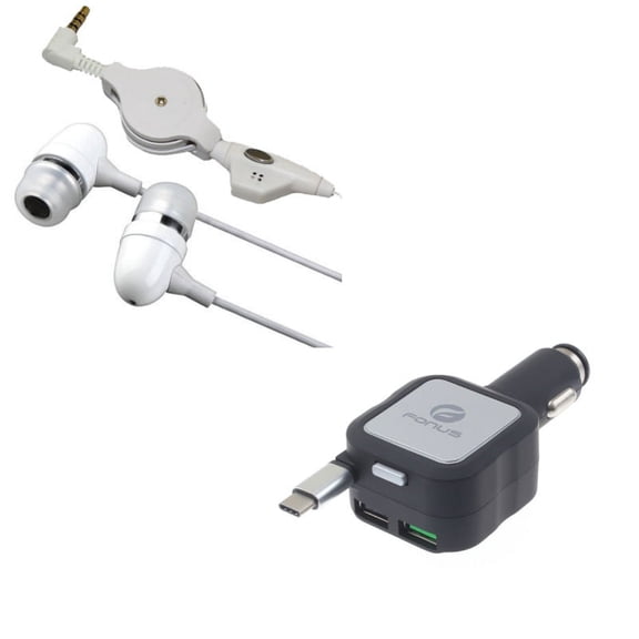 Headphones Wired Earphones w Retractable Car Charger K6P for Microsoft Surface Go (10"), Lumia 950 - Motorola One, Moto Z4 Z2 Play X4 G7 Power Play G6 - Nokia 7.1, 8, 3.1 Plus - OnePlus 5T, 6