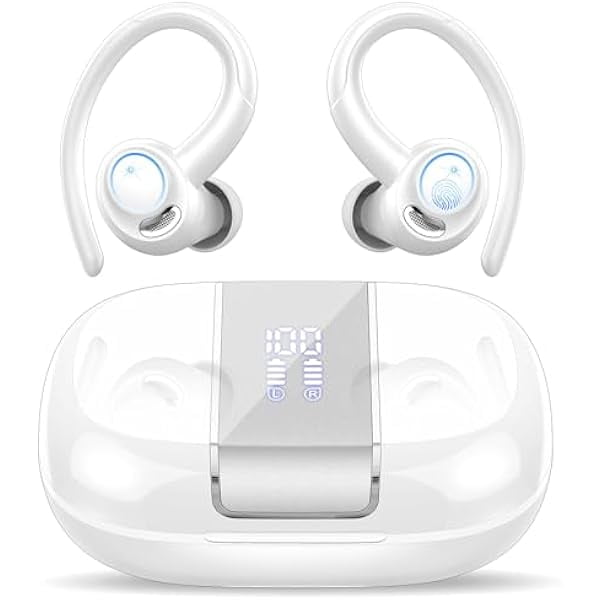 Headphones Wireless Earbuds Sport, Bluetooth 5.3 Over Ear Buds Stereo Deep Bass Headset with Earhooks, 48H Wireless Earphones with HD Mic, IP7 Waterproof Earbud for Sports/Running/Workout White