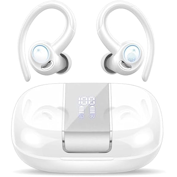 Headphones Wireless Earbuds Sport, Bluetooth 5.3 Over Ear Buds Stereo Deep Bass Headset with Earhooks, 48H Wireless Earphones with HD Mic, IP7 Waterproof Earbud for Sports/Running/Workout White
