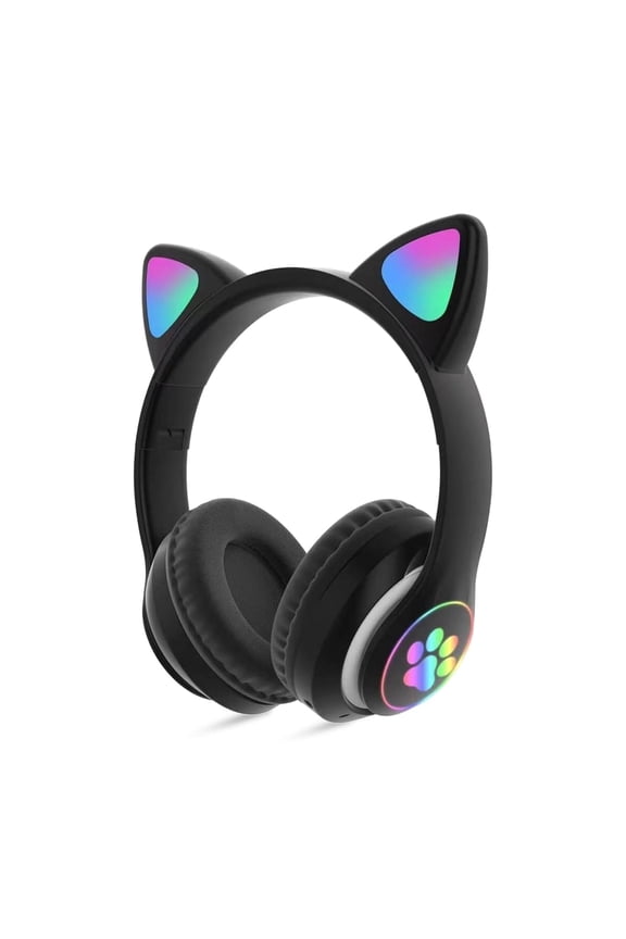 Cat Ear Bluetooth Headphones for Kids Girls - Wireless Headset w/Mic, 94dB Volume Limit, LED Lights, Foldable, for School/Travel Black