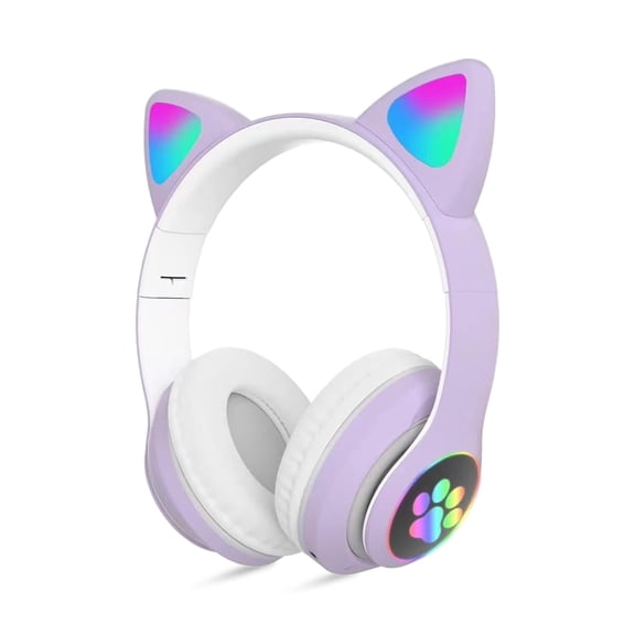 Rirool Cat Ear Bluetooth Headphones for Kids Girls - Wireless Headset w/Mic, 94dB Volume Limit, LED Lights, Foldable, for School/Travel Purple