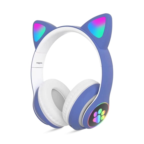Rirool Cat Ear Bluetooth Headphones for Kids Girls - Wireless Headset w/Mic, 94dB Volume Limit, LED Lights, Foldable, for School/Travel Blue