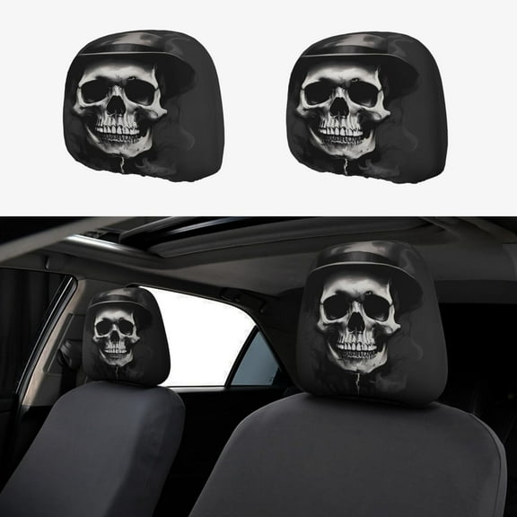 Headrest Covers for Cars Accessories Interior for Women Men 2Pcs - Black White Hat Skull Head Rest Cover for Car Decorations, Car Headrest Cover for Car Decor Interior