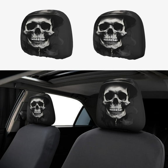 Headrest Covers for Cars Accessories Interior for Women Men 2Pcs - Black White Hat Skull Head Rest Cover for Car Decorations, Car Headrest Cover for Car Decor Interior