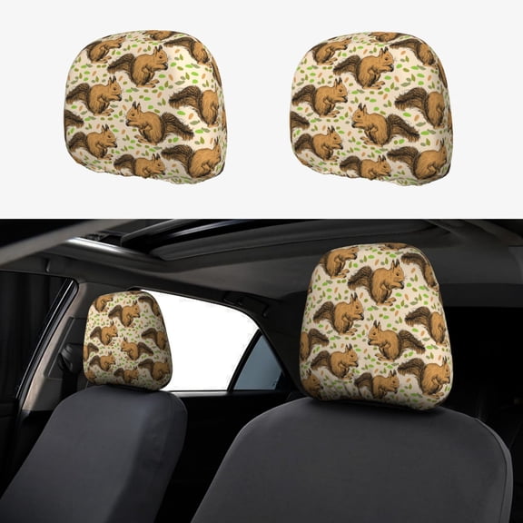 Headrest Covers for Cars Accessories Interior for Women Men 2Pcs - Cute Squirrel with Green Leaves Head Rest Cover for Car Decorations, Car Headrest Cover for Car Decor Interior