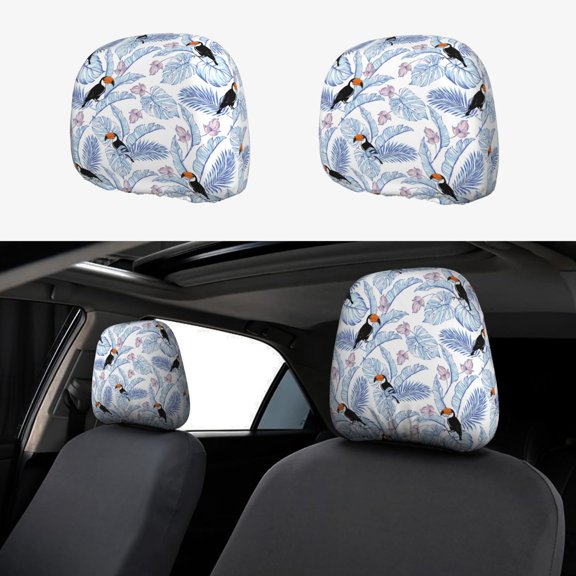 Headrest Covers for Cars Accessories Interior for Women Men 2Pcs - Cute Toucan Monstera Palm Leaves Head Rest Cover for Car Decorations, Car Headrest Cover for Car Decor Interior