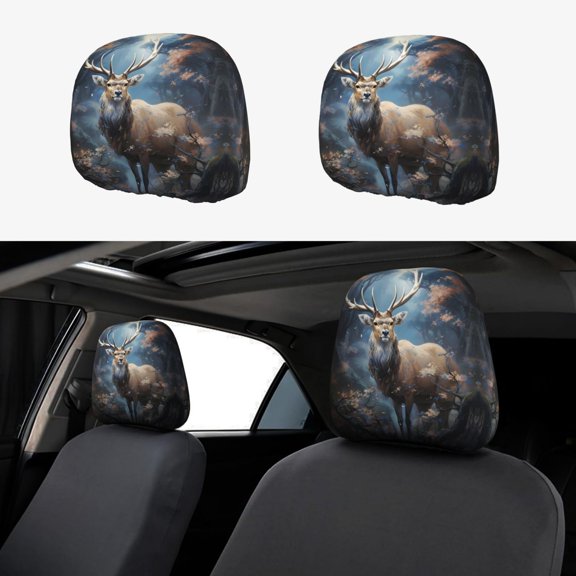 Headrest Covers for Cars Accessories Interior for Women Men 2Pcs - From Forest Elk Head Rest Cover for Car Decorations, Car Headrest Cover for Car Decor Interior