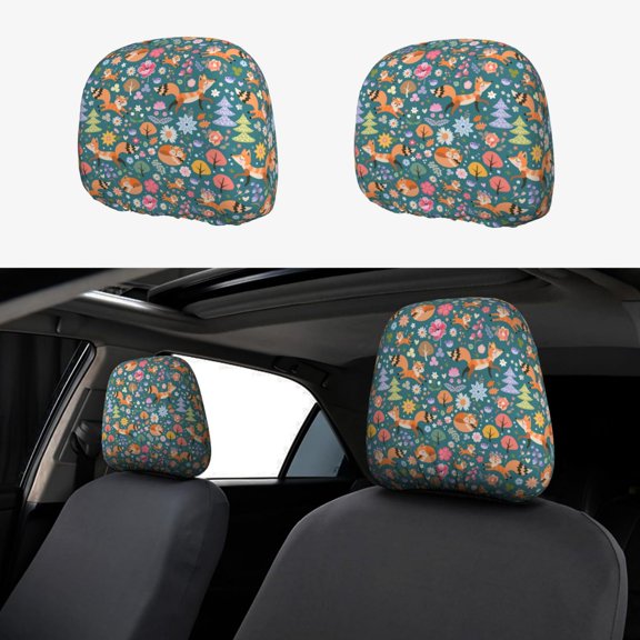 Headrest Covers for Cars Accessories Interior for Women Men 2Pcs - Foxes and Birds in Forest Head Rest Cover for Car Decorations, Car Headrest Cover for Car Decor Interior