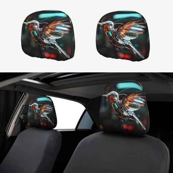 Headrest Covers for Cars Accessories Interior for Women Men 2Pcs - Futuristic Robot Hummingbird Head Rest Cover for Car Decorations, Car Headrest Cover for Car Decor Interior