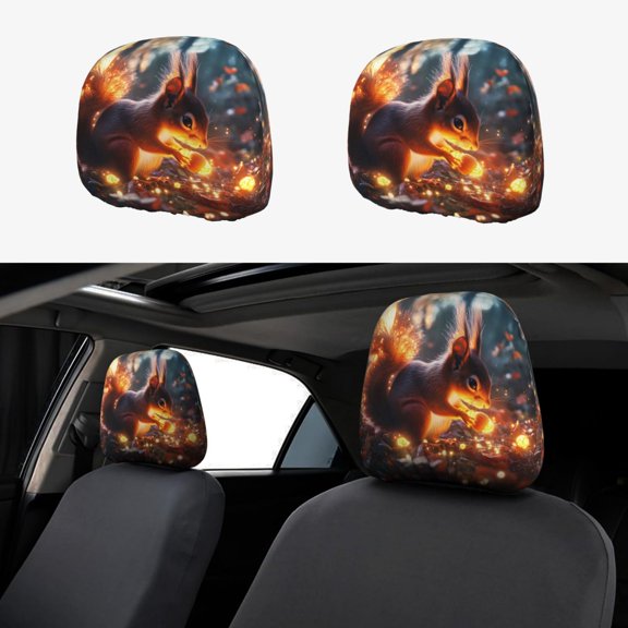 Headrest Covers for Cars Accessories Interior for Women Men 2Pcs - Glowing Autumn Squirrel Head Rest Cover for Car Decorations, Car Headrest Cover for Car Decor Interior