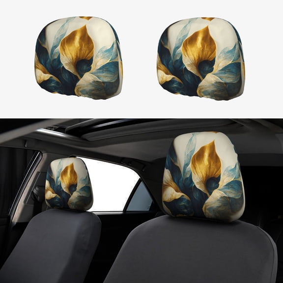 Headrest Covers for Cars Accessories Interior for Women Men 2Pcs - Golden Blue Leaf Design Head Rest Cover for Car Decorations, Car Headrest Cover for Car Decor Interior