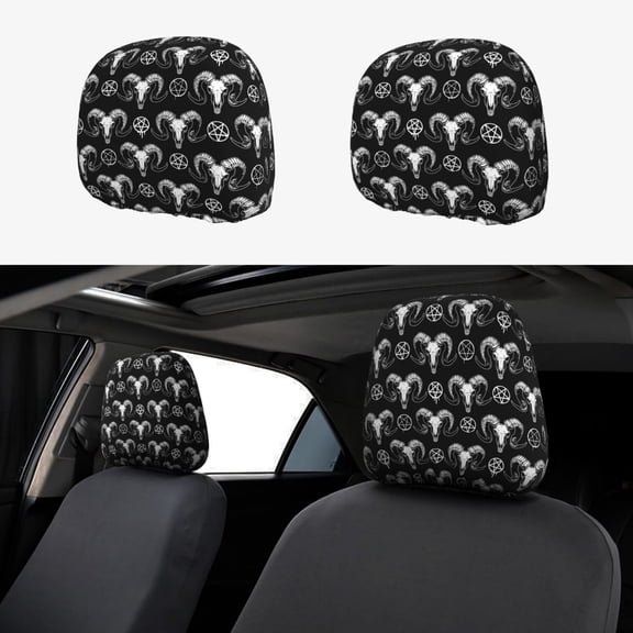 Headrest Covers for Cars Accessories Interior for Women Men 2Pcs - Gothic Cool Goat Skull Head Rest Cover for Car Decorations, Car Headrest Cover for Car Decor Interior