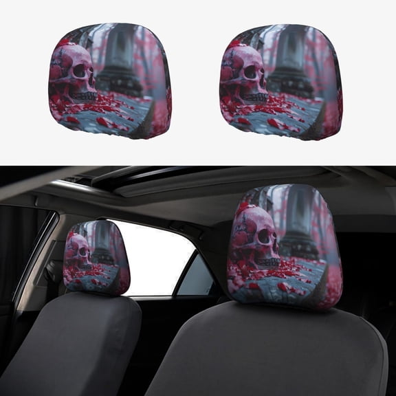 Headrest Covers for Cars Accessories Interior for Women Men 2Pcs - Gothic Red Skull Cemetery Head Rest Cover for Car Decorations, Car Headrest Cover for Car Decor Interior