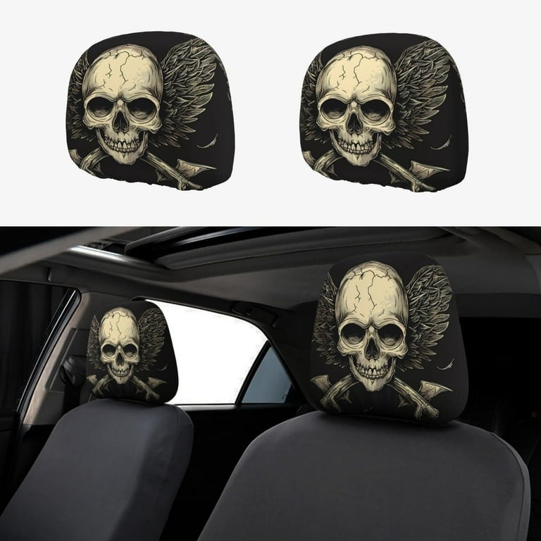 Headrest Covers for Cars Accessories Interior for Women Men 2Pcs Gothic Winged Skull Head Rest Cover for Car Decorations Car Headrest Cover for Car