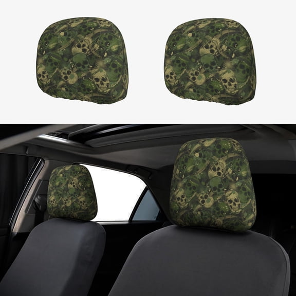 Headrest Covers for Cars Accessories Interior for Women Men 2Pcs - Green Camouflage Skull Head Rest Cover for Car Decorations, Car Headrest Cover for Car Decor Interior