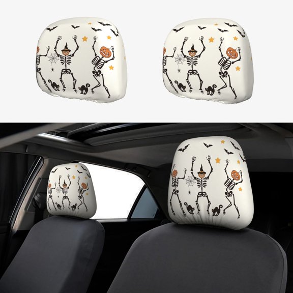 Headrest Covers for Cars Accessories Interior for Women Men 2Pcs - Halloween Dancing Funny Skull Head Rest Cover for Car Decorations, Car Headrest Cover for Car Decor Interior