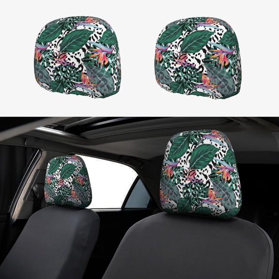 Headrest Covers for Cars Accessories Interior for Women Men 2Pcs - Hawaiian Style Green Leaves Head Rest Cover for Car Decorations, Car Headrest Cover for Car Decor Interior