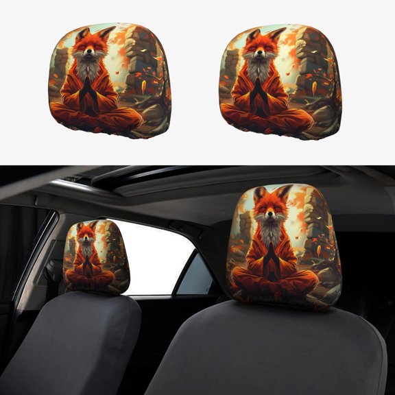 Headrest Covers for Cars Accessories Interior for Women Men 2Pcs - Maple Leaf Meditating Fox Head Rest Cover for Car Decorations, Car Headrest Cover for Car Decor Interior