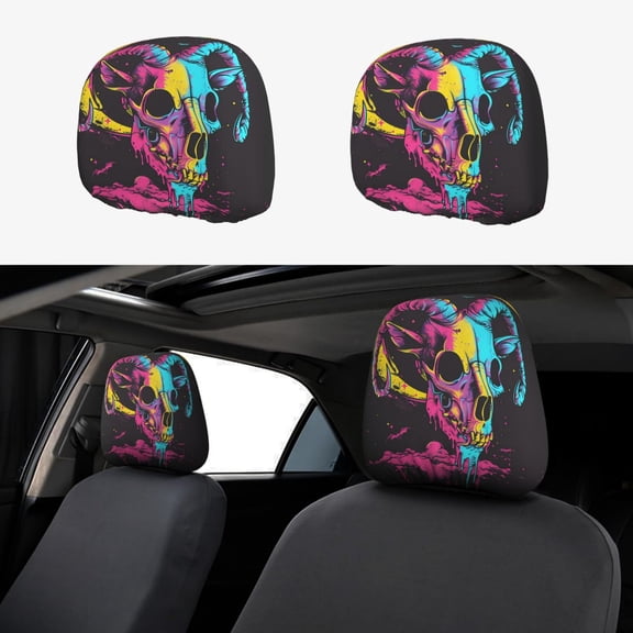 Headrest Covers for Cars Accessories Interior for Women Men 2Pcs - Neon Gothic Skull Moon Head Rest Cover for Car Decorations, Car Headrest Cover for Car Decor Interior