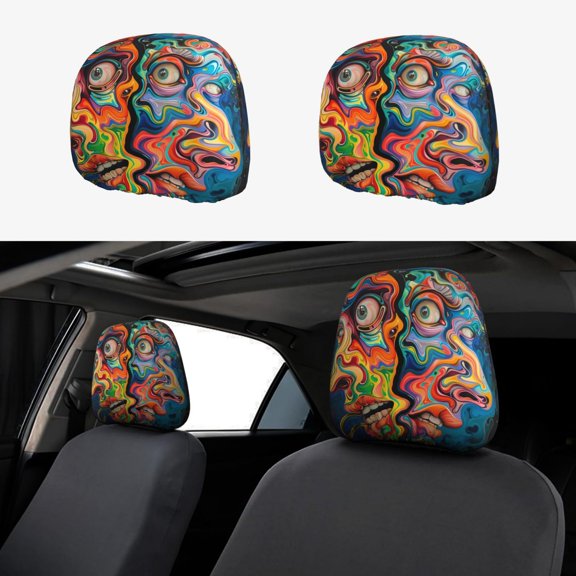Headrest Covers for Cars Accessories Interior for Women Men 2Pcs - Psychedelic Faces Colorful Head Rest Cover for Car Decorations, Car Headrest Cover for Car Decor Interior