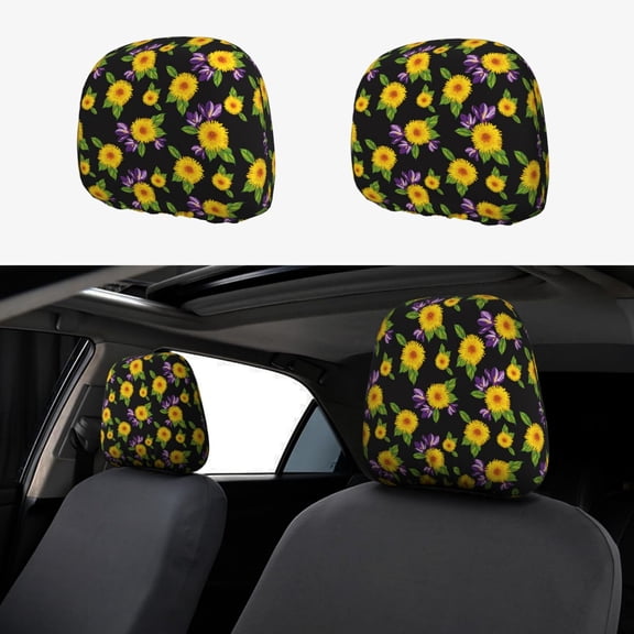 Headrest Covers for Cars Accessories Interior for Women Men 2Pcs - Purple Yellow Daisies Flowers Head Rest Cover for Car Decorations, Car Headrest Cover for Car Decor Interior