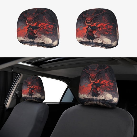 Headrest Covers for Cars Accessories Interior for Women Men 2Pcs - Red Black Dragon Eastern Swordsman Head Rest Cover for Car Decorations, Car Headrest Cover for Car Decor Interior