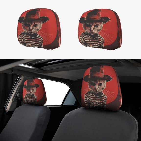 Headrest Covers for Cars Accessories Interior for Women Men 2Pcs - Retro Horror Cat Portrait Head Rest Cover for Car Decorations, Car Headrest Cover for Car Decor Interior