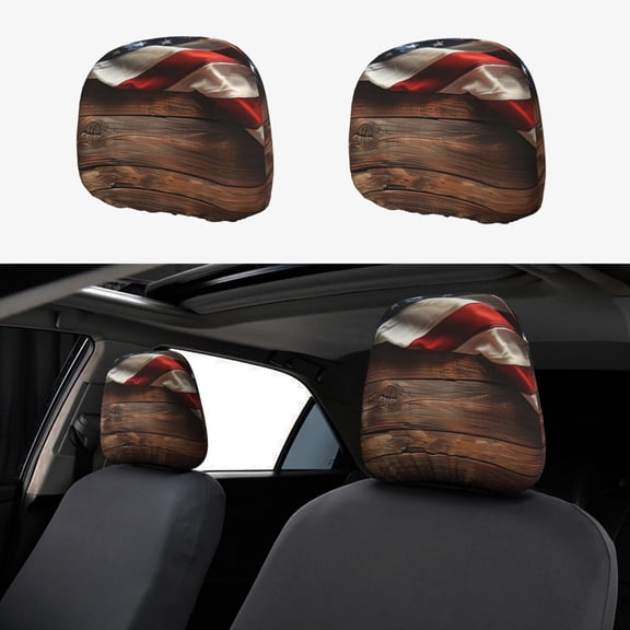 Headrest Covers for Cars Accessories Interior for Women Men 2Pcs - Rustic American Flag Wood Head Rest Cover for Car Decorations, Car Headrest Cover for Car Decor Interior