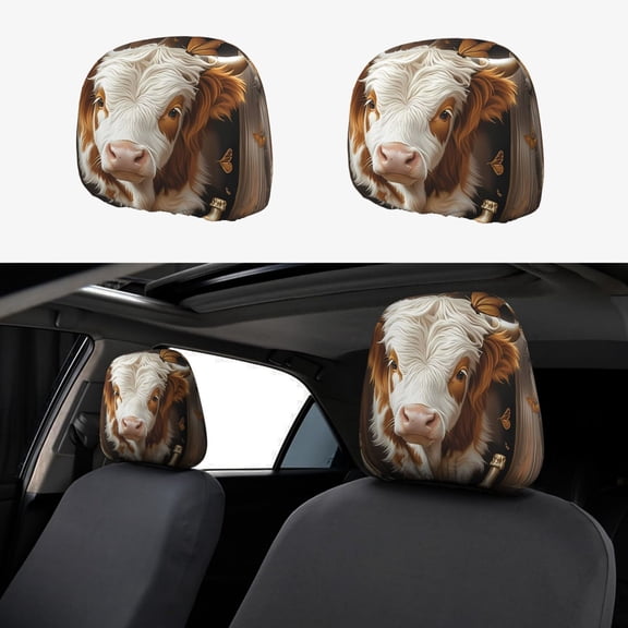 Headrest Covers for Cars Accessories Interior for Women Men 2Pcs - Rustic Cow Butterflies Champagne Head Rest Cover for Car Decorations, Car Headrest Cover for Car Decor Interior