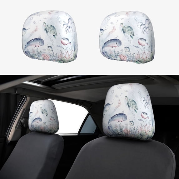 Headrest Covers for Cars Accessories Interior for Women Men 2Pcs - Sea Animals Head Rest Cover for Car Decorations, Car Headrest Cover for Car Decor Interior