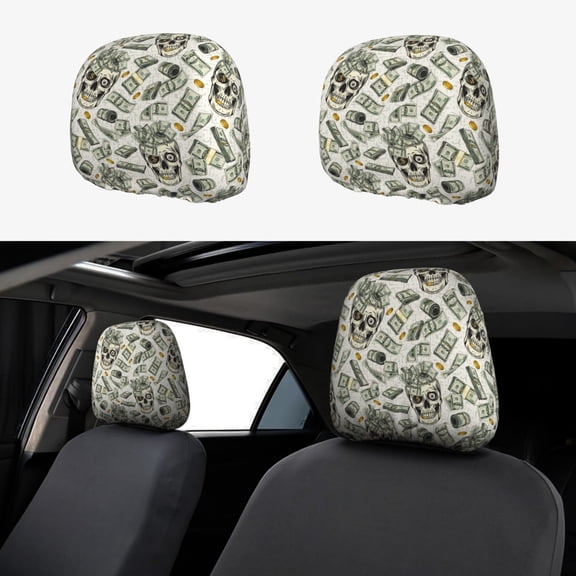 Headrest Covers for Cars Accessories Interior for Women Men 2Pcs - Skull with Cash Head Rest Cover for Car Decorations, Car Headrest Cover for Car Decor Interior