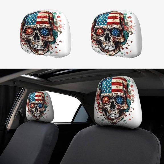Headrest Covers for Cars Accessories Interior for Women Men 2Pcs - Sugar Skull with USA Flag Head Rest Cover for Car Decorations, Car Headrest Cover for Car Decor Interior