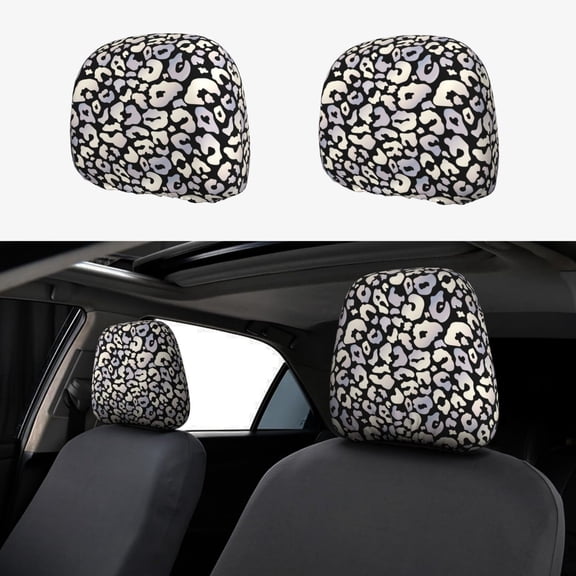 Headrest Covers for Cars Accessories Interior for Women Men 2Pcs - Trendy silver leopard black Head Rest Cover for Car Decorations, Car Headrest Cover for Car Decor Interior