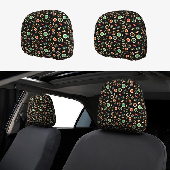 Headrest Covers for Cars Accessories Interior for Women Men 2Pcs - Vector Retro Music Head Rest Cover for Car Decorations, Car Headrest Cover for Car Decor Interior