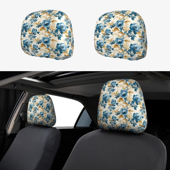 Headrest Covers for Cars Accessories Interior for Women Men 2Pcs - Vintage Blue Flowers Head Rest Cover for Car Decorations, Car Headrest Cover for Car Decor Interior